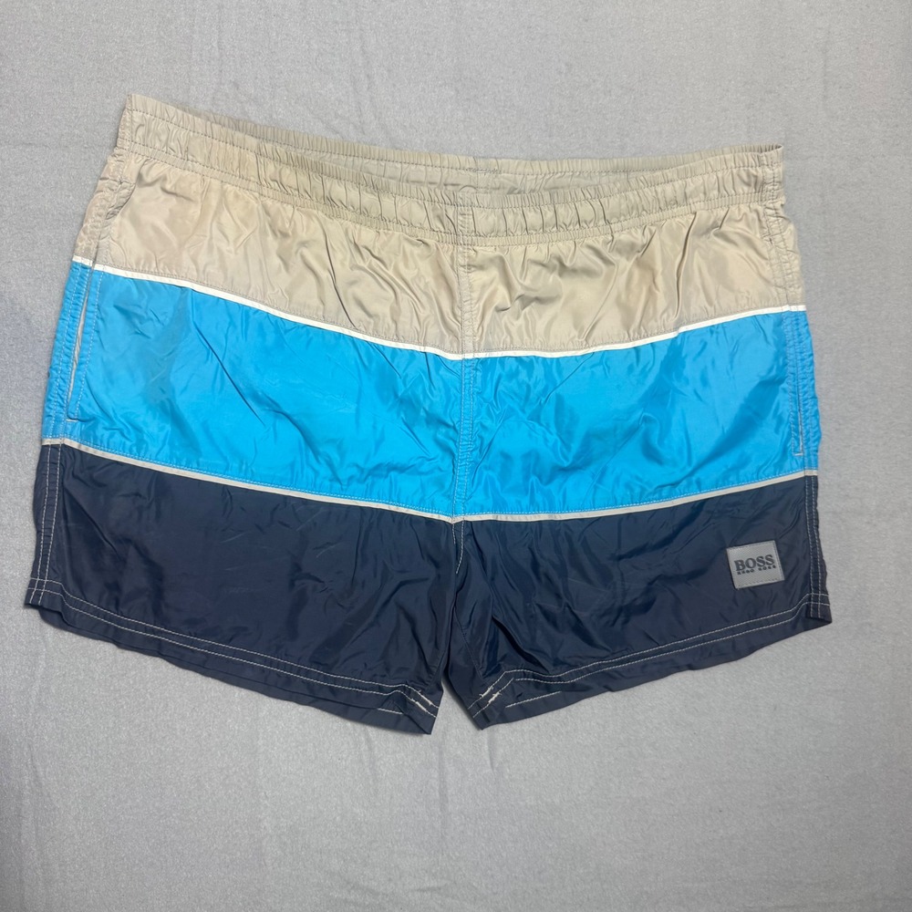 Hugo Boss Vintage Starfish Mens Swim Trunks Colorblock Blue Navy Beige 50239102